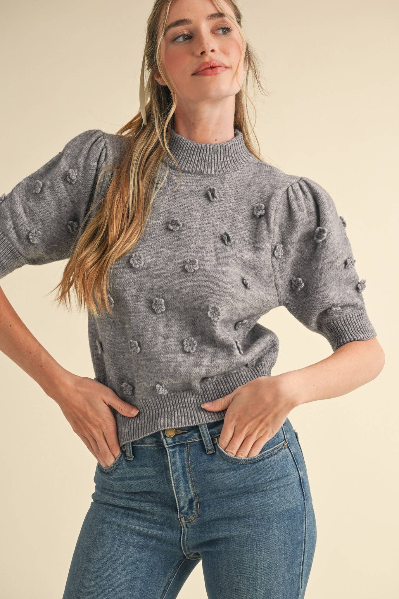 &MERCI - Wholesale Knit Sweater - Women's - 3D FLORAL KNIT SHORT SLEEVE SWEATER MSW105373