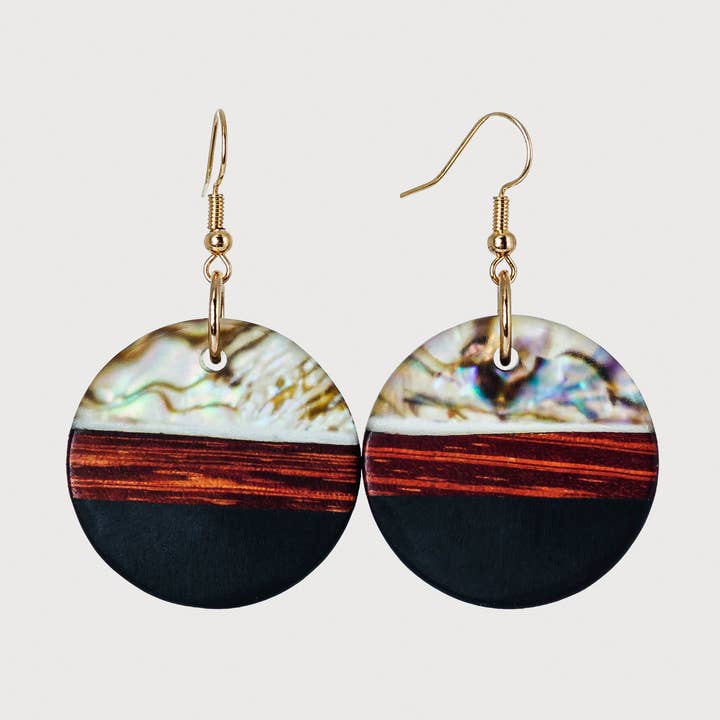Bella Handcrafted Wood & Abalone Boho Drop Earrings for wholesale by Wooden Element UK