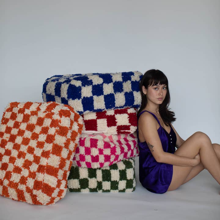 Voyage - Venta al por mayor Puf - Puf otomano marroquí cuadriculado hecho a mano18