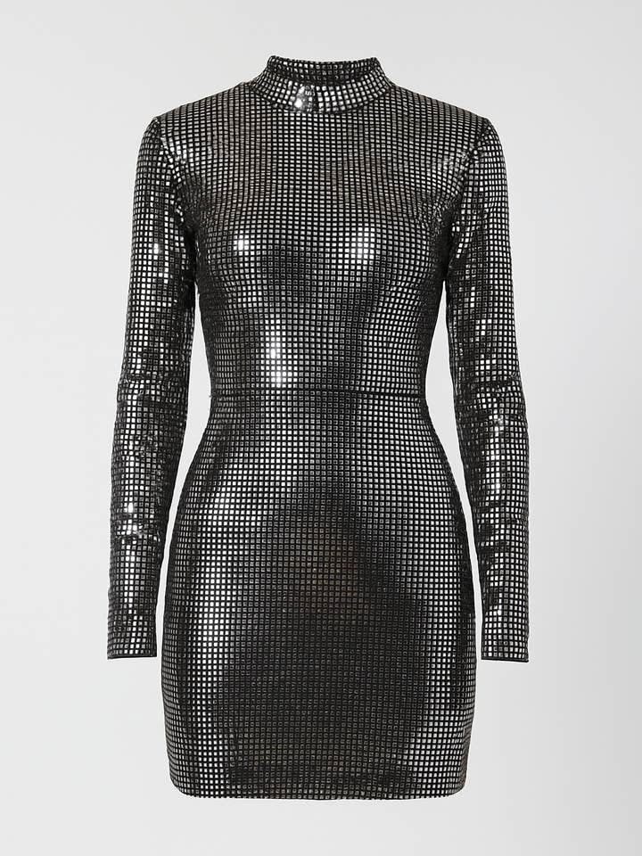 Silver Metallic Sequin Long Sleeve Bodycon Mini Dress for wholesale by AVINCI