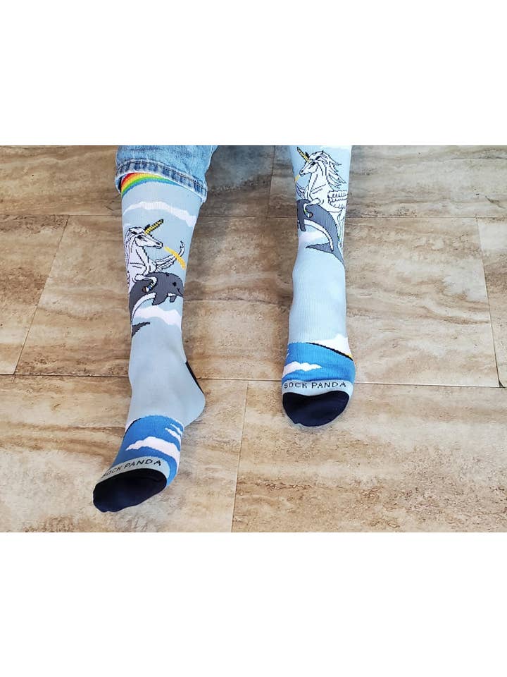 Sock Panda - Wholesale Socks - Unisex - Land of Dreams Socks - Fire Breathing Unicorn on a Dolphin!