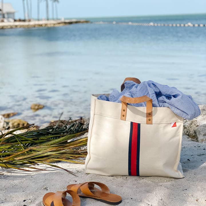ShoreBags - Wholesale Tote Bag - Women's - Striped Box Heavy Canvas Tote Bag with Leather Handles