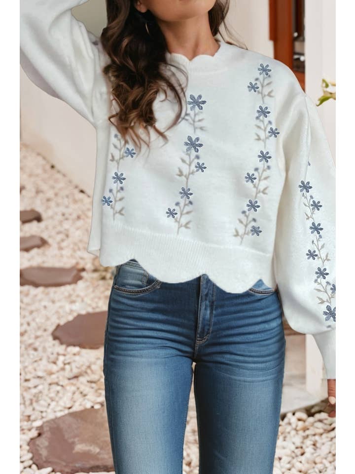 White LDC Floral Embroidered Scallop Trim Puff Sleeve Sweater for wholesale on Faire