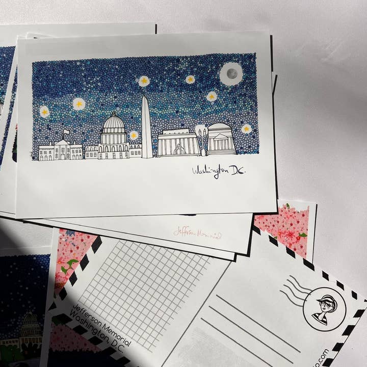 Monumentos de D.C. | Postal Ilustrada | Juego de 4 | para venta al por mayor de Violet Red Studio