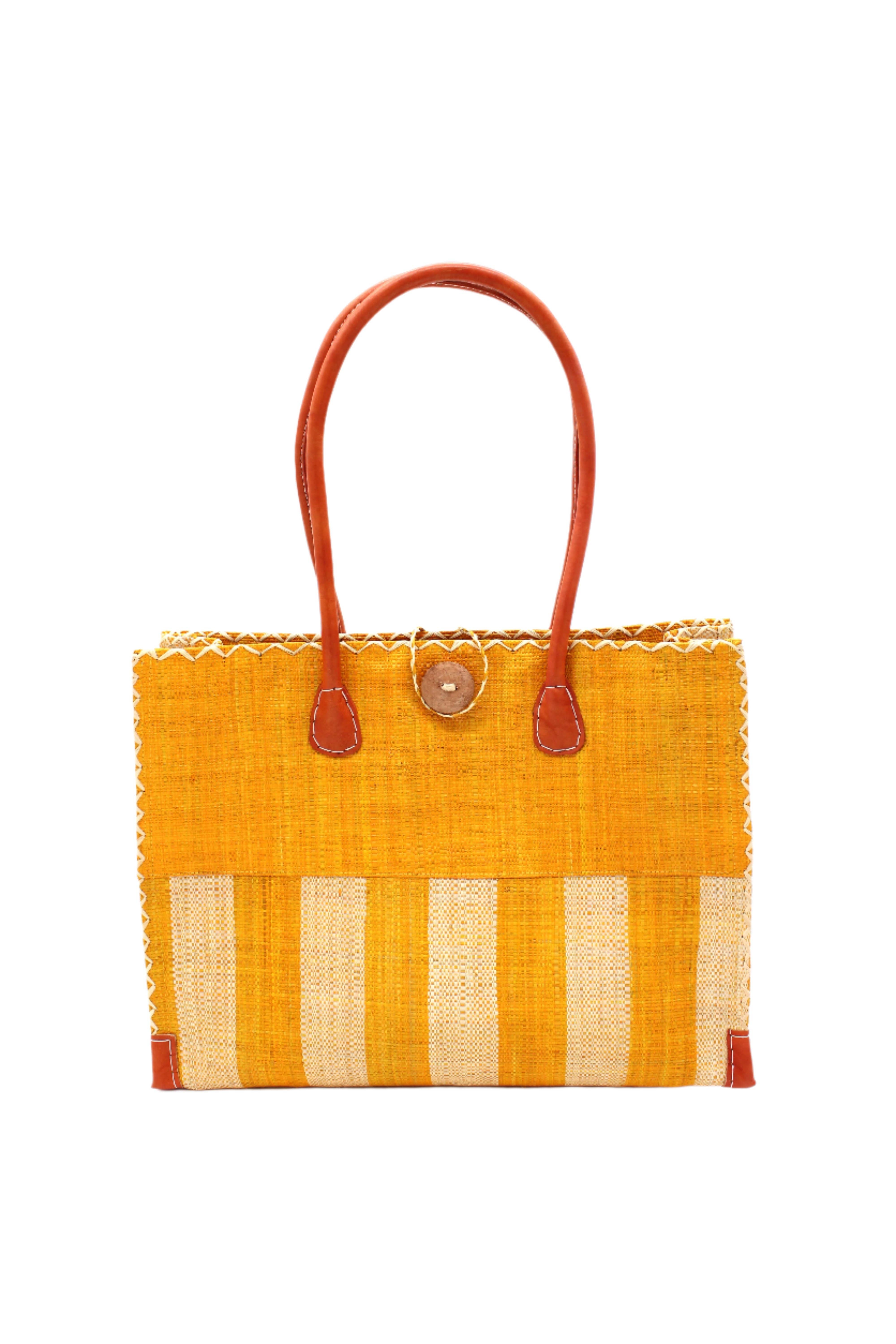 Shebobo - Wholesale Shoulder Bag - Unisex - Zafran Two Tone Wide Stripe Straw Beach Bag4