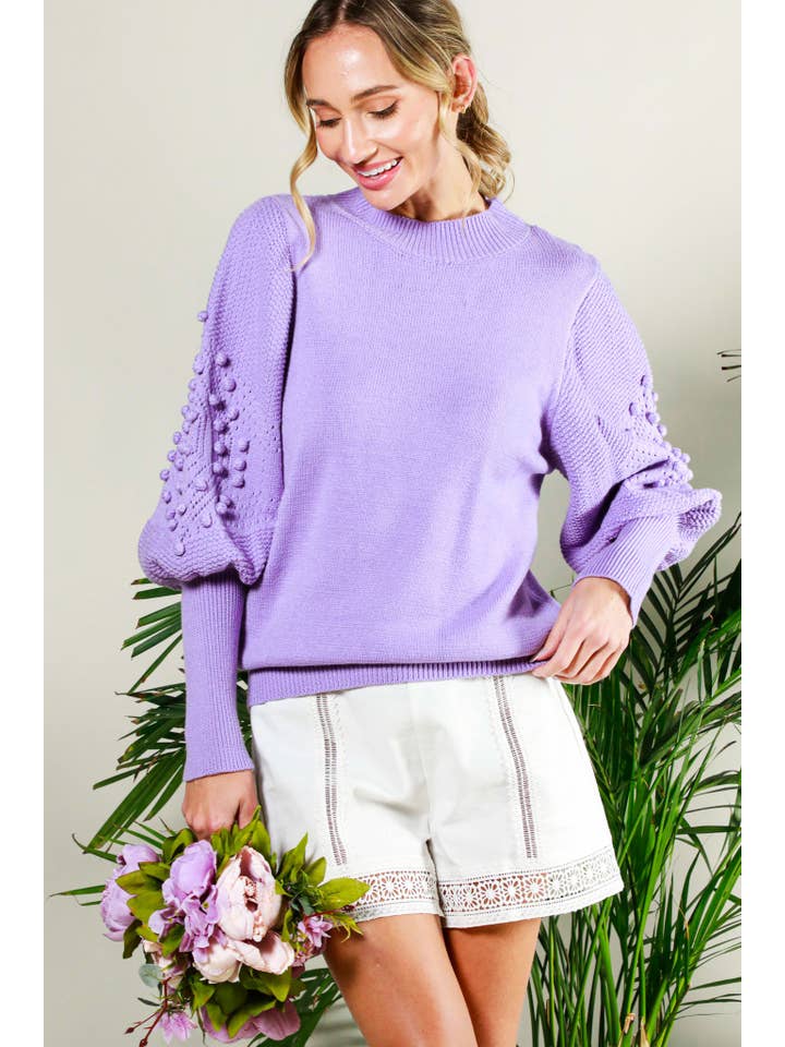 Vine & Love - Wholesale Knit Sweater - Women's - Round Neck Pom Pom Balloon Long-Sleeve Knit Sweater VT70344