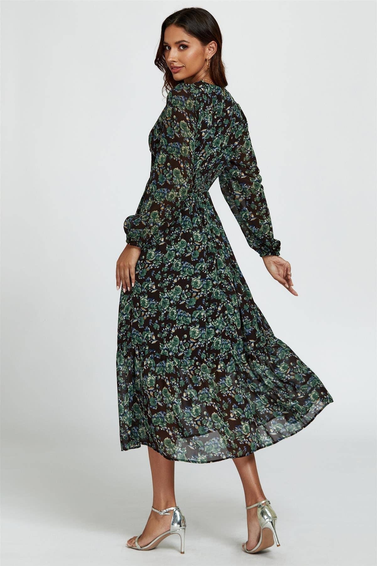 Floral Print Long Sleeve Midi Dress In Brown for wholesale on Faire5