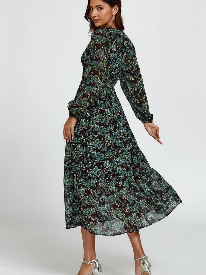 Floral Print Long Sleeve Midi Dress In Brown for wholesale on Faire5