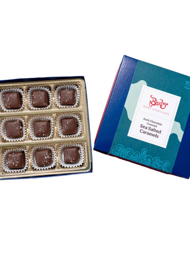 Dark Chocolate Sea Salt Caramels Gift Box for wholesale by Bixby Chocolate