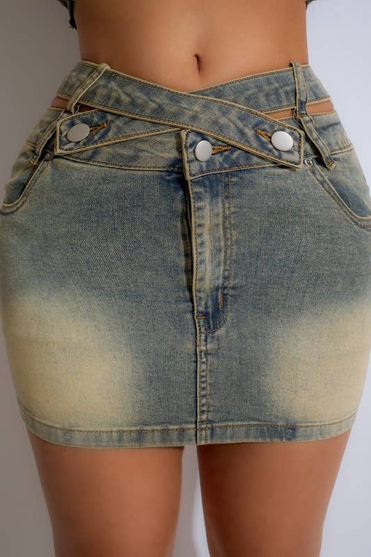 Denim Gonne mini di denim con vita incrociata in vendita all'ingrosso su Faire0