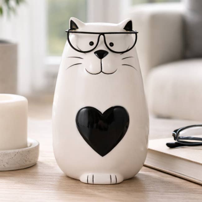 Figurine - White Ceramic Tummy Kitty with Glasses, 6 in. for wholesale by Sagebrook Home
