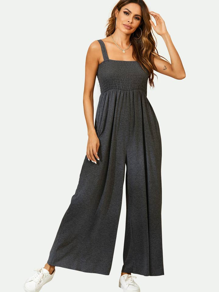 Strappy Bardot Loungewear Jumpsuit In Charcoal Grey for wholesale by FS Collection