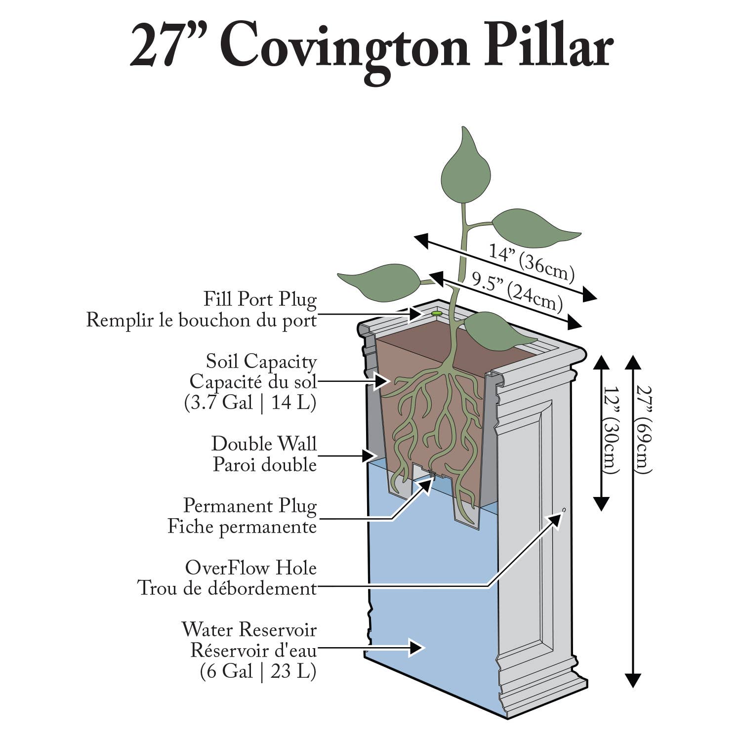 Algreen - Wholesale Planter Box - 27" Covington Pillar Self-Watering Planter5