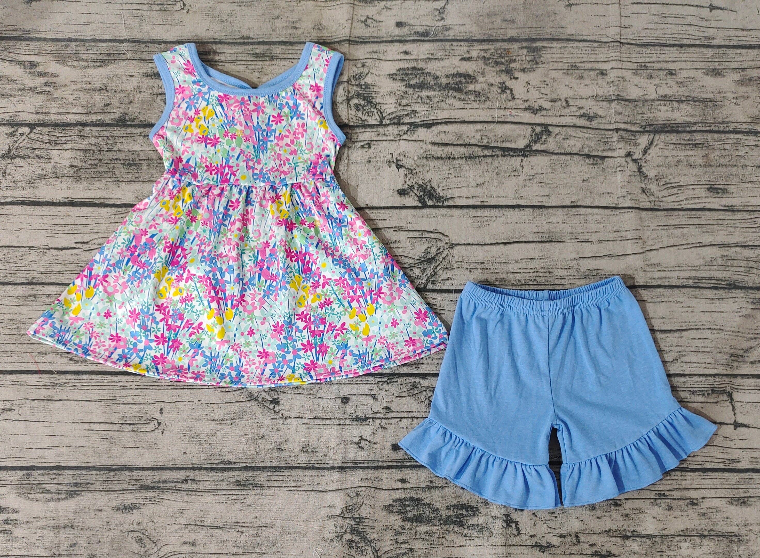 Aier Wholesale - Wholesale Top & Short Set - Kids - Baby Girls Blue Flowers Bow Tunic Top Ruffle Shorts Clothes2