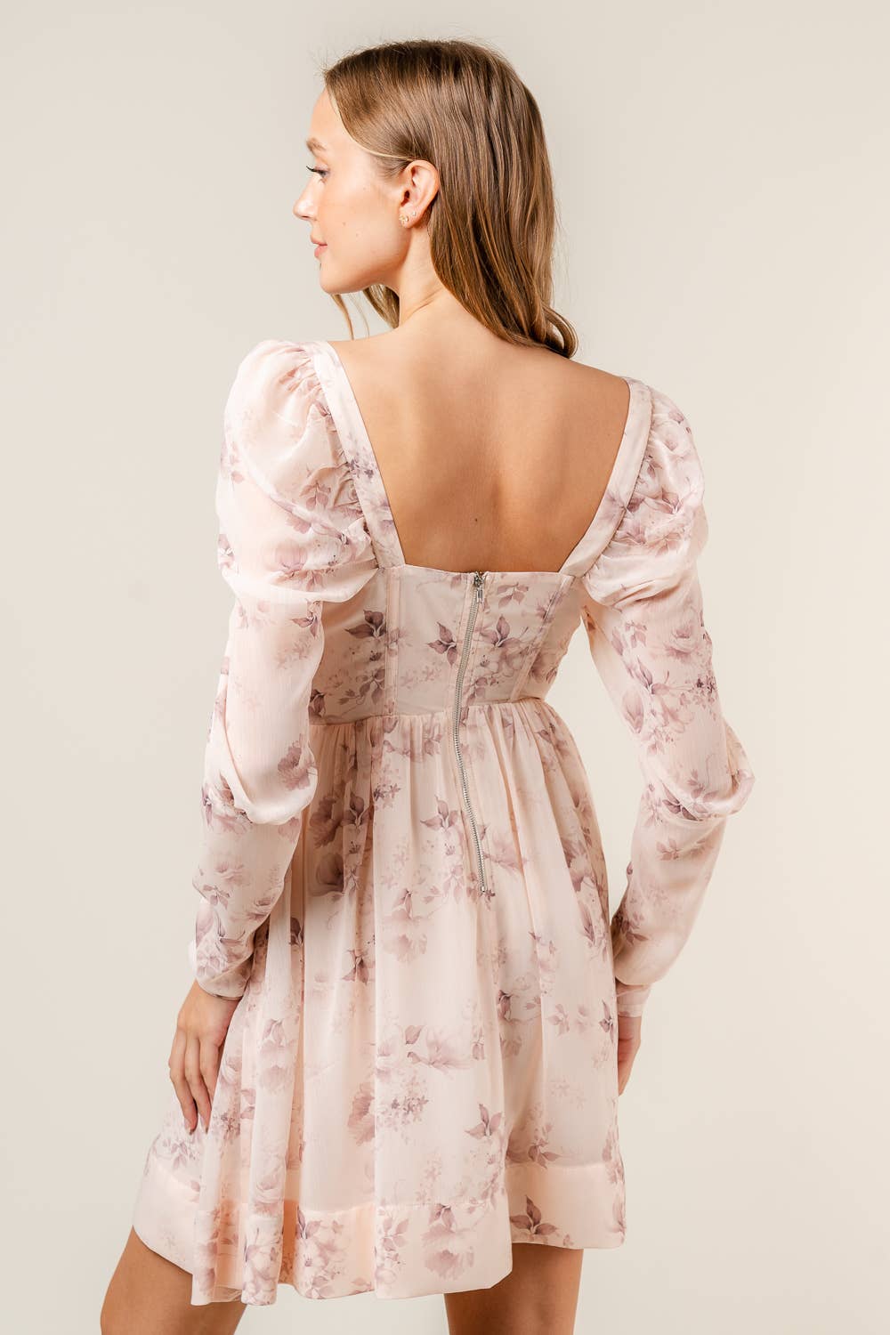 LT PEACH COQUETTE FLORAL PRINT CROSET BABYDOLL MINI DRESS-DI8432FO for wholesale on Faire2