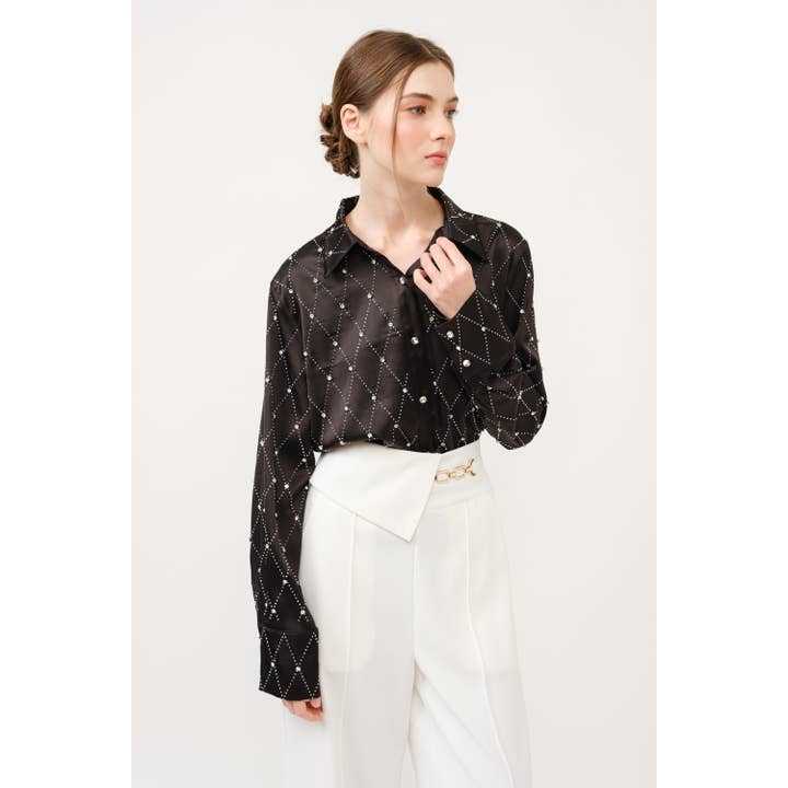 INA - Wholesale Blouse - Women's - Long Sleeve Rhinestones Embellished Shirt Top