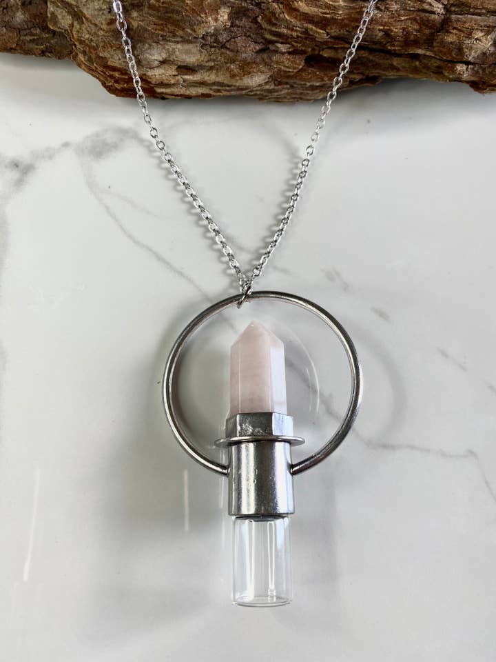Rose Quartz Crystal EO Rollerball Necklace Silver plated bra for wholesale by Essential Ink