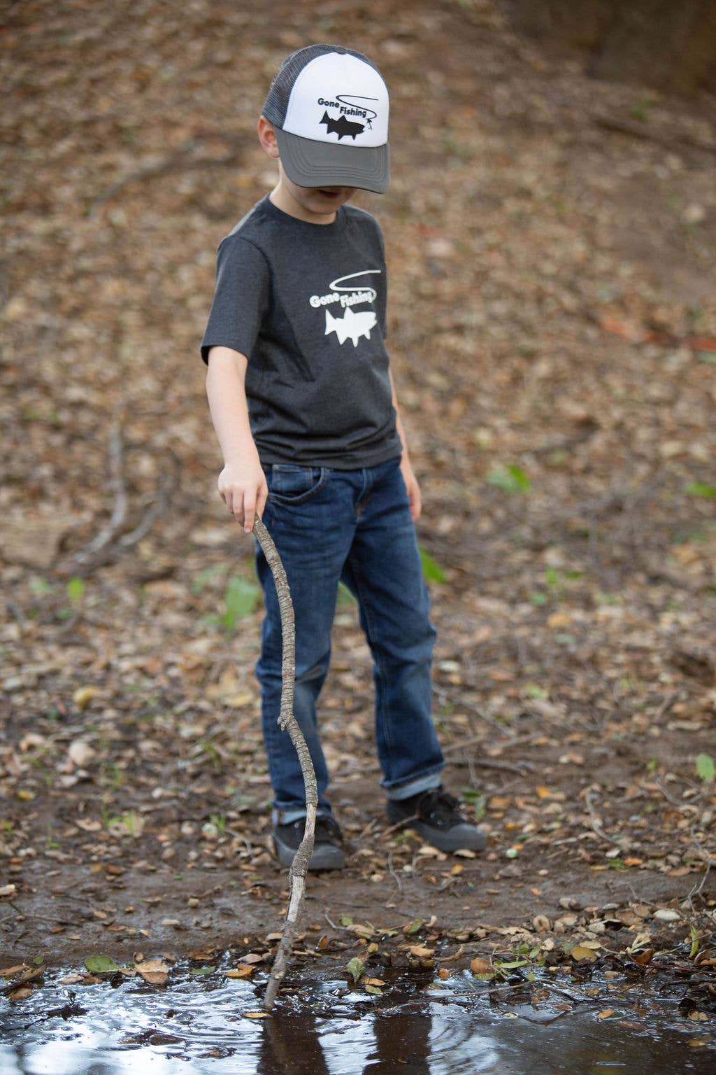 Outdoorable Apparel - Wholesale Baseball Cap - Kids - Grey with Black Gone Fishing Hat3