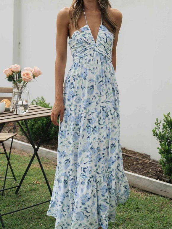 Rosa Clothing - Wholesale Dress - Women's - Plunge halter backless floral swing maxi sun dress