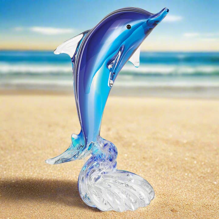 Murano Style Art Glass 9" Tall Blue Dolphin On Clear Wave for wholesale by Badash