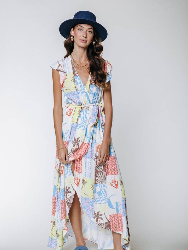 Robe maxi portefeuille multicolore Elva pour la vente par Colourful Rebel