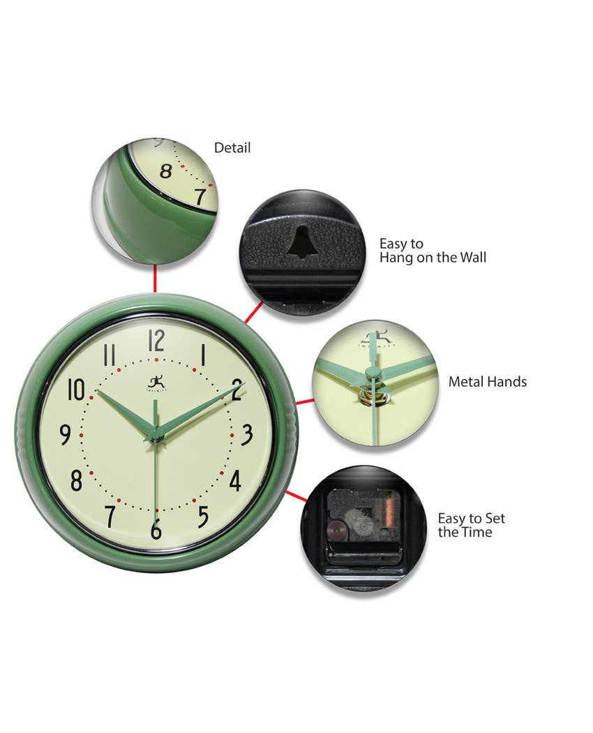 Infinity Instruments - Wholesale Wall Clock - Retro Round Green Indoor Wall Clock 9.5 Inch3