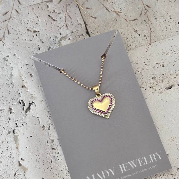 Amady Jewelry - Vendita all'ingrosso Collana con ciondolo/pendaglio - Collana con ciondolo a cuore piccolo pavé e catena di perline di vetro rosa.5