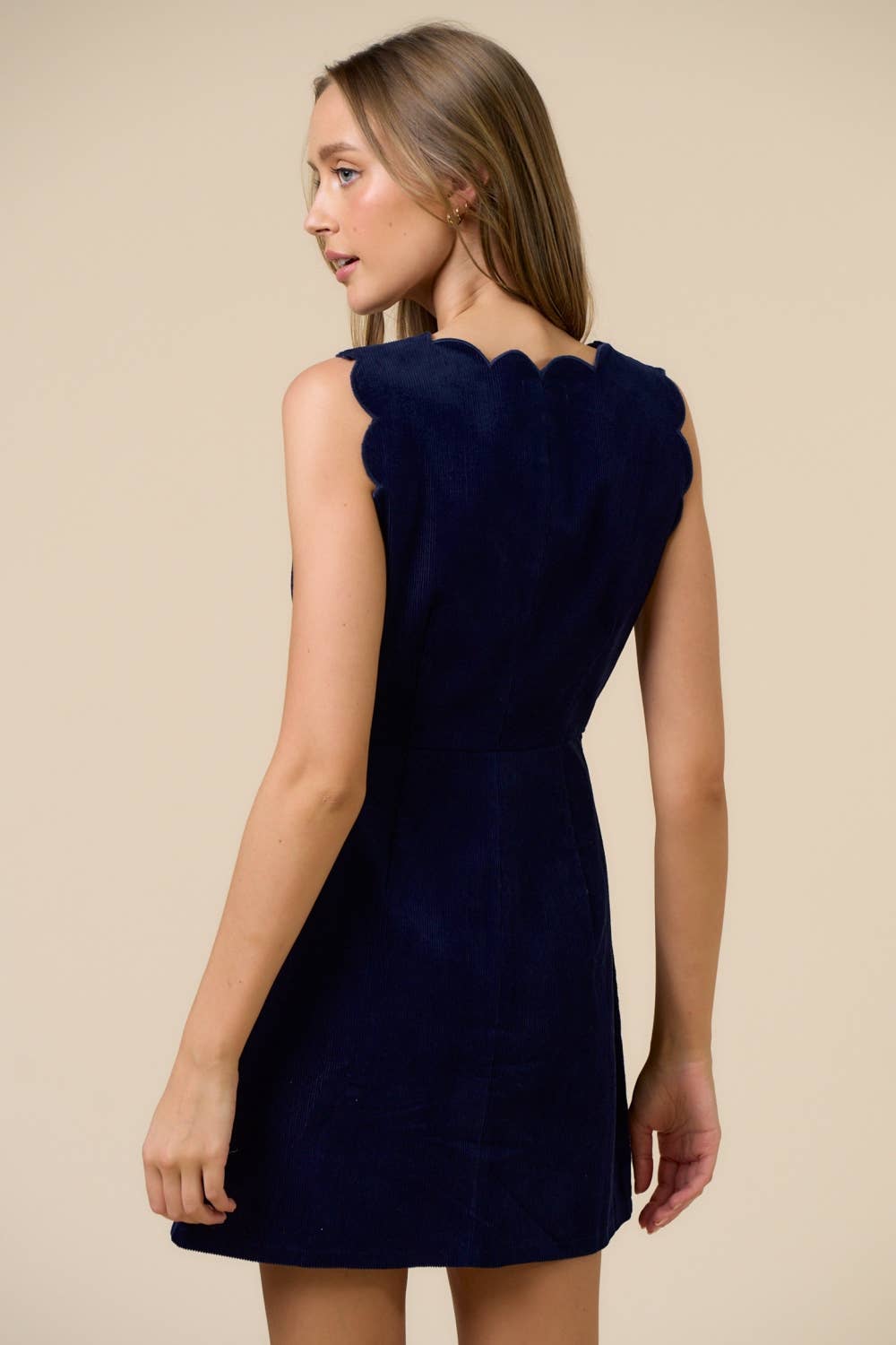 Navy Corduroy Scalloped Edge Mini Dress for wholesale on Faire3