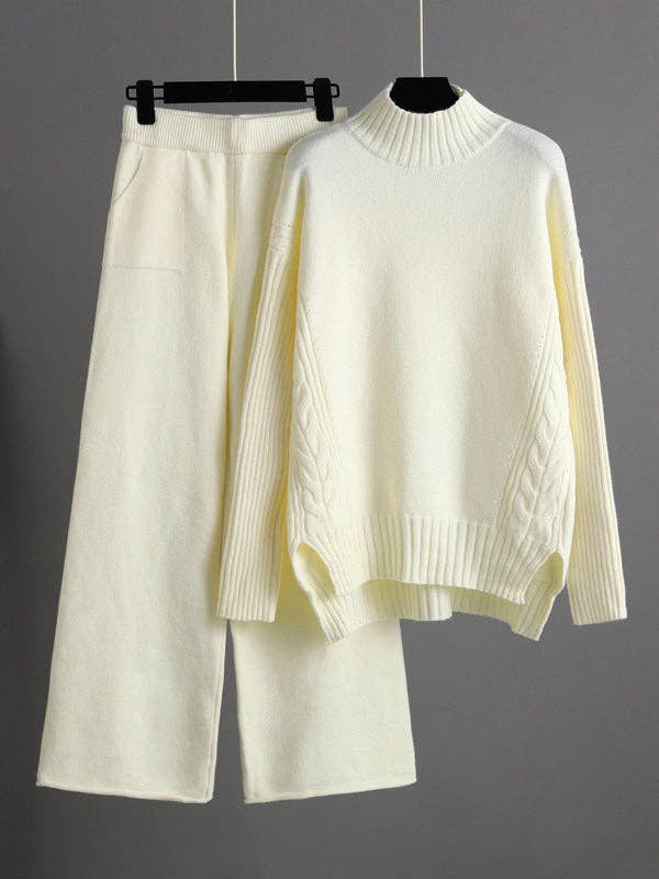 ShieldChic - Wholesale Top & Pant Set (NOT Loungewear) - Women's - Urban High-Low Wide Leg Split-Side Solid Color Half Turtleneck Sweater Tops Pants Two Pieces Set1