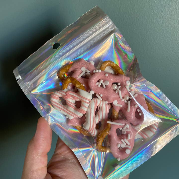 Pink Chocolate Covered Pretzels with Sprinkles – Resealable for wholesale by AvaCakes