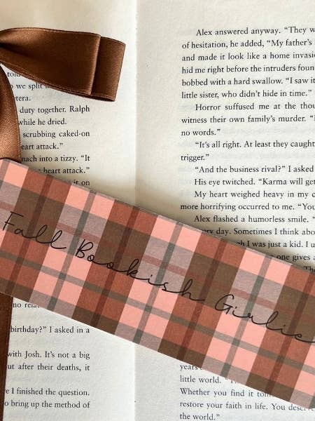 Cardstock Bookmark - Plaid Fall Bookish Girlie (2.3" x 7") for wholesale by AK Stationery Boutique
