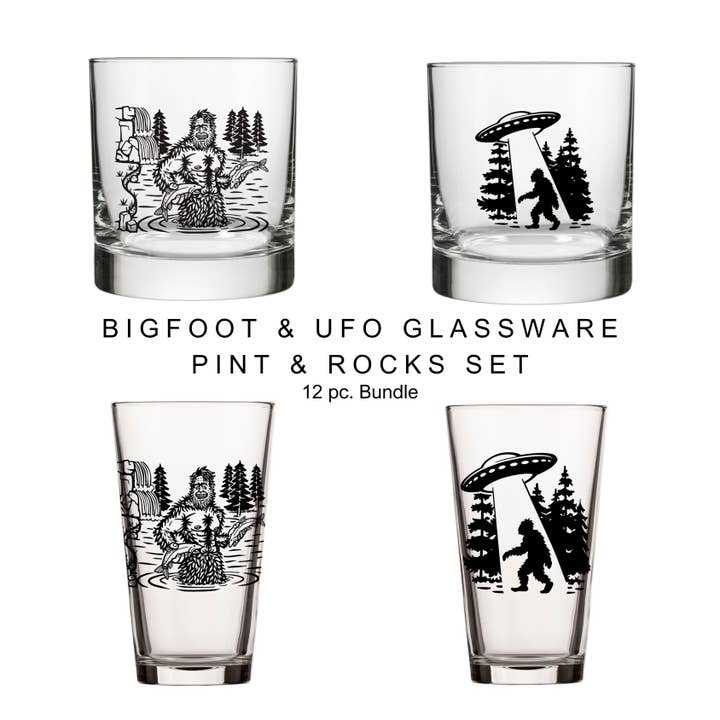 Pint & Rocks Glass Set – Sasquatch & UFO Designs for wholesale by Two Little Fruits