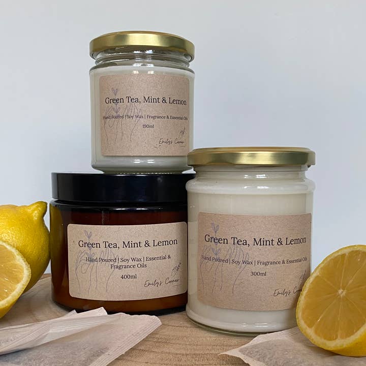 Natuurlijke sojawaskaars met groene thee, munt en citroen voor wholesale door Emily’s Corner