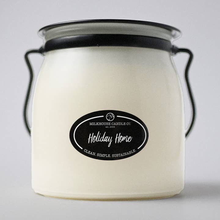 16 oz Butter Jar Candle: Holiday Home for wholesale by Milkhouse Candle Company