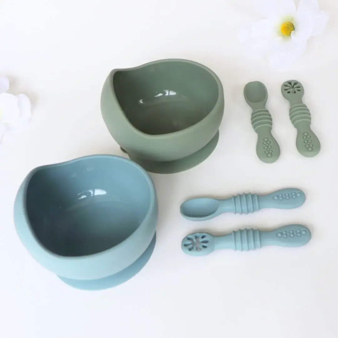 Suction Bowl & Training Spoons - Dusty Teal for wholesale on Faire4
