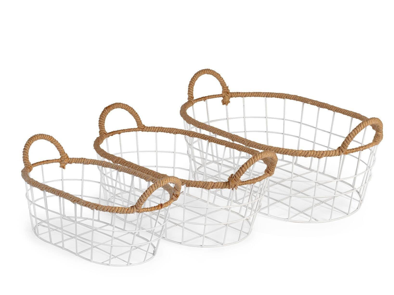 H&H – Großhandel Korb – Set mit 3 ovalen Körben aus weißem Eisen mit Jutebesatz, 33/37/42 cm0