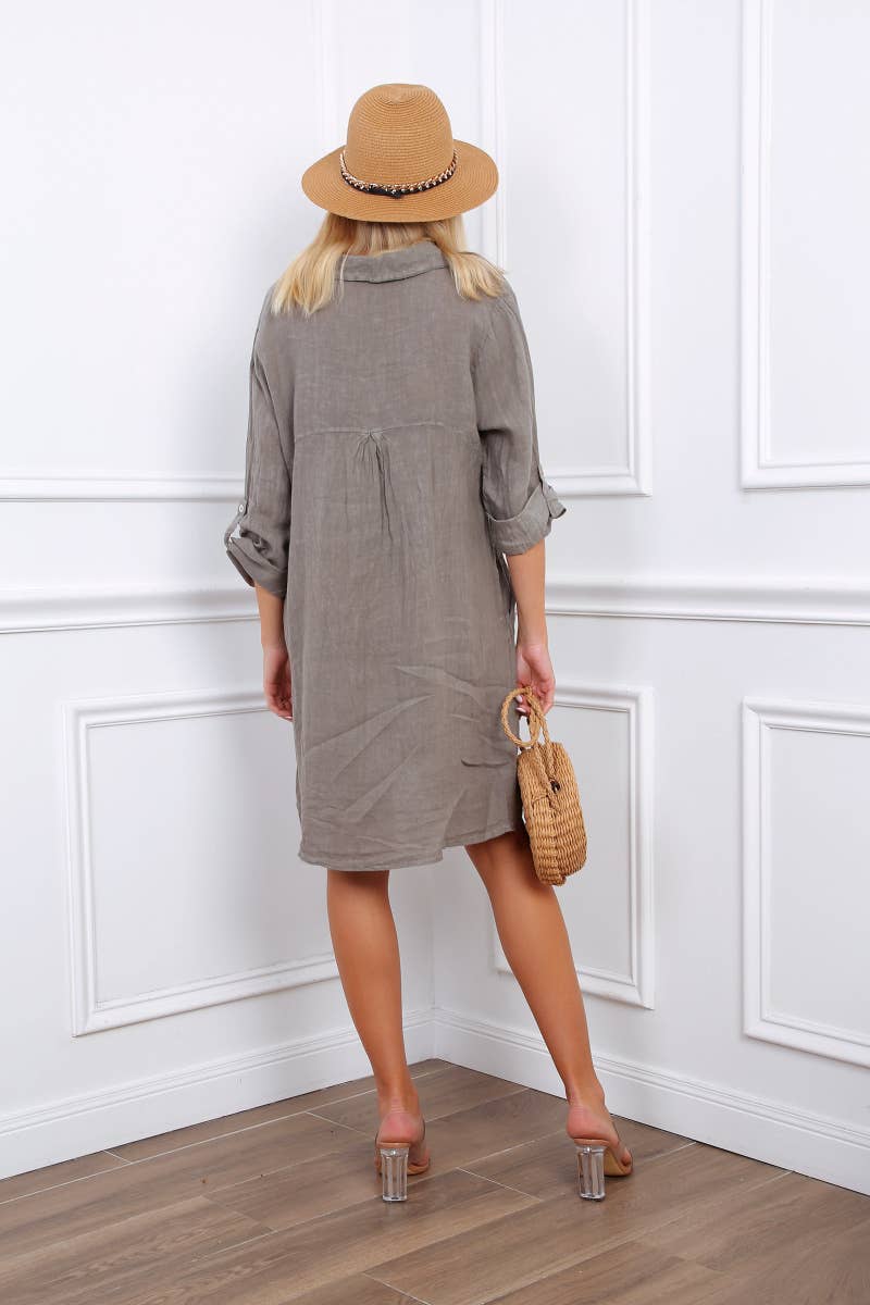 Happy look – Großhandel Kleid – Damen – Kurzes Hemdkleid aus Leinen mit langen Ärmeln8