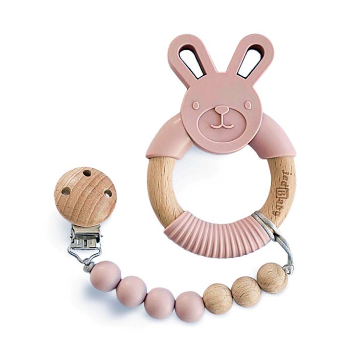 Jedbaby - Wholesale Teether (Not Clip-On) - Baby - Silicone and Wood Bunny Teether + Pacifier Clip