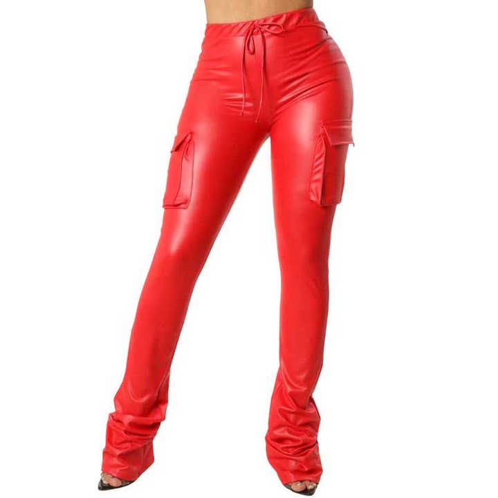 YP3501 Pantalon cargo empilé à taille nouée en similicuir pour la vente par Yellow Cabbage