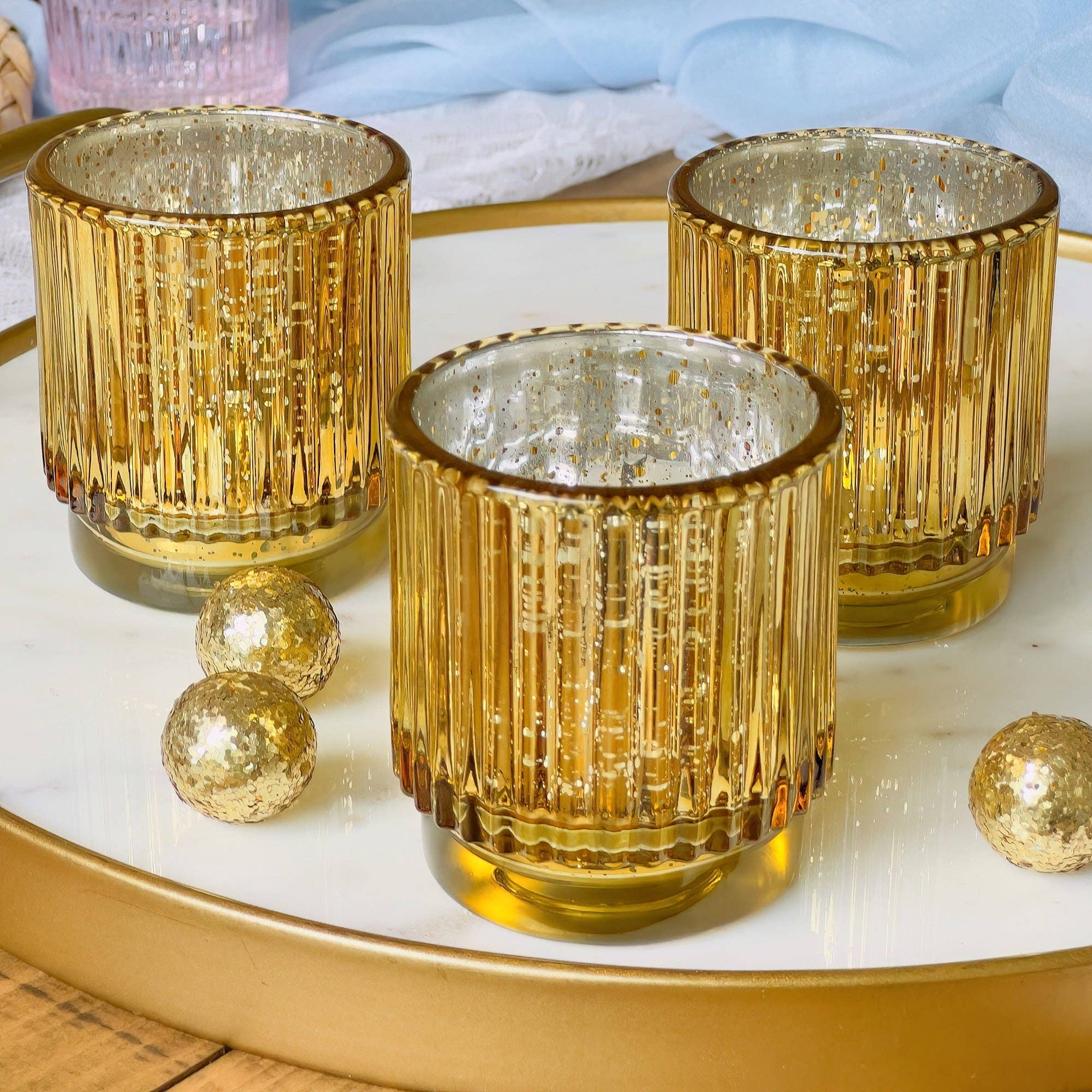 Kate Aspen - Wholesale Candle Holder - Ribbed Gold Glass Votive Candle Holder (Set of 6)8