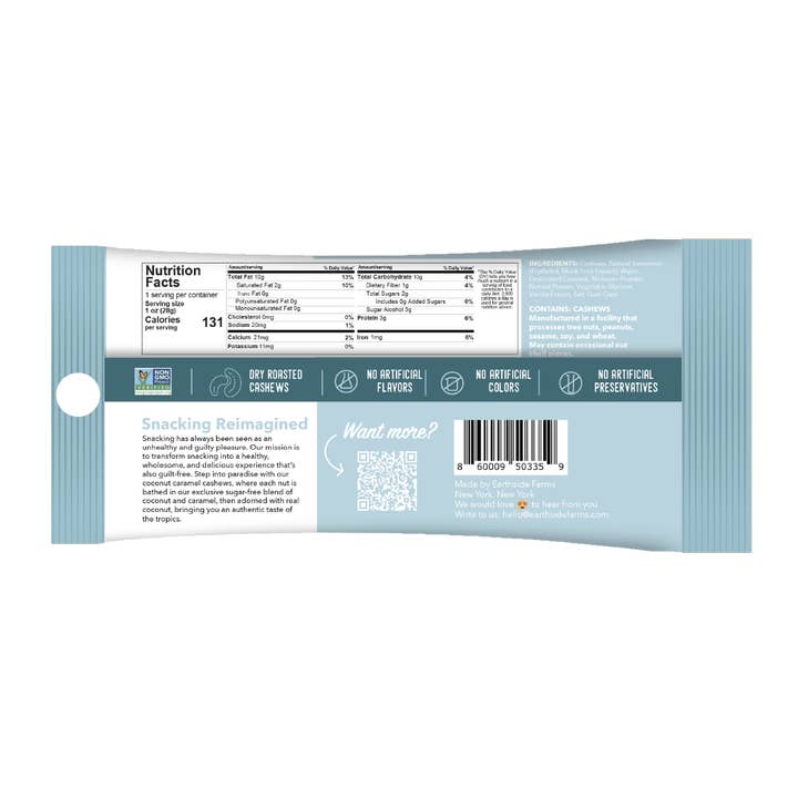 Earthside Farms – wholesale Nötter – Kokosnöt Karamell Cashewnötter Veganska Kanderade Nötter 1 oz Snackförpackning