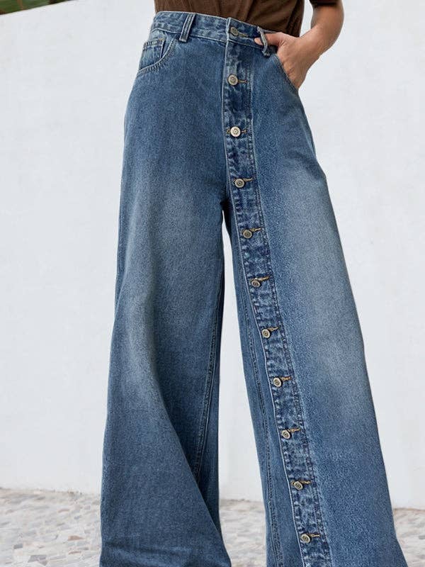 BLUE High Waisted Loose Buttoned Pockets Jean Pants Bottoms for wholesale on Faire1