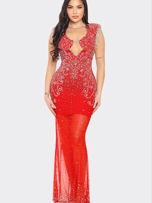 BCCDS24420 Abito lungo in rete trasparente con strass e drappeggio per la vendita all'ingrosso da parte di BANJUL