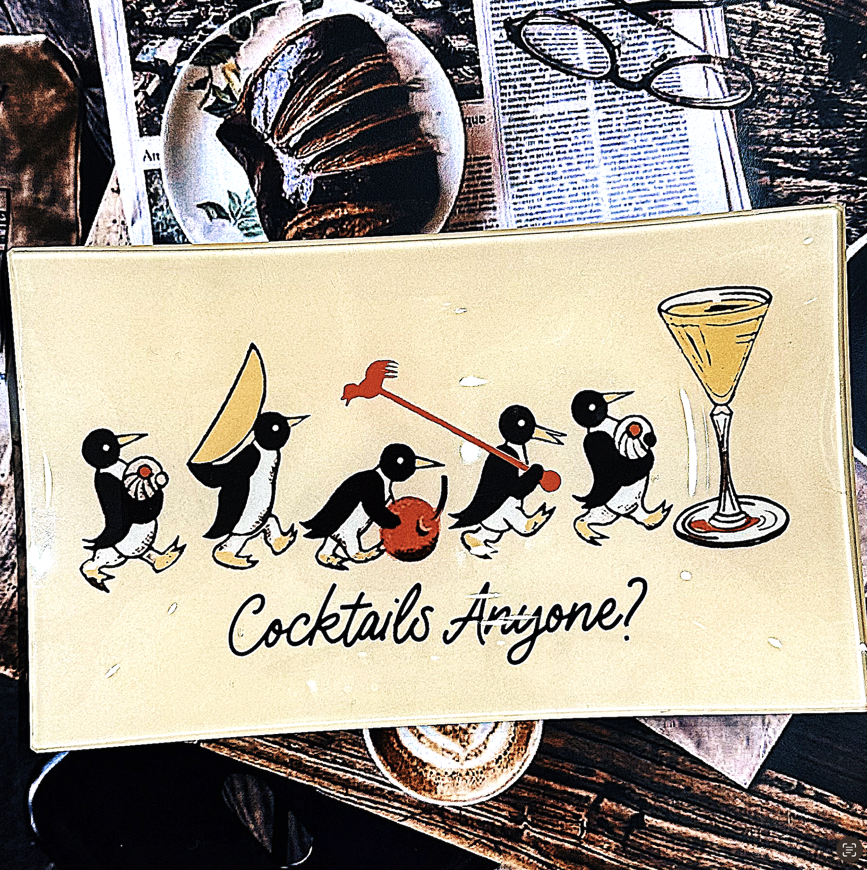 Ben's Garden - Wholesale Decorative Tray - Penguins Marching Cocktails Anyone Decoupage Glass Tray1