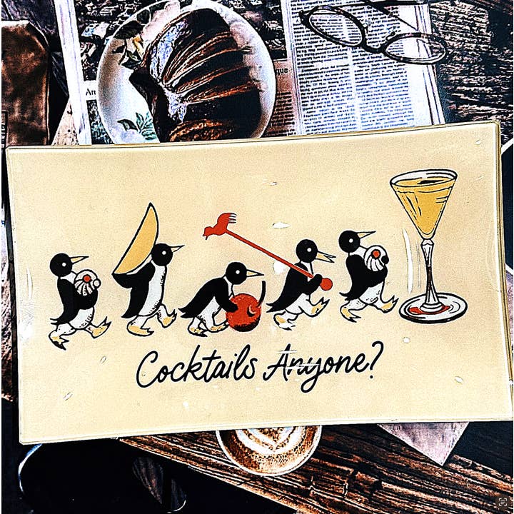 Ben's Garden - Wholesale Decorative Tray - Penguins Marching Cocktails Anyone Decoupage Glass Tray1