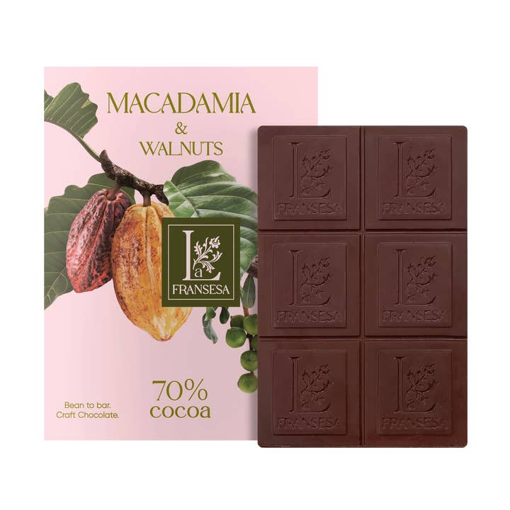 Macadamia & Walnuts - Bean to bar. Craft Chocolate 70% cocoa for wholesale by La Bouquetiere French Collections