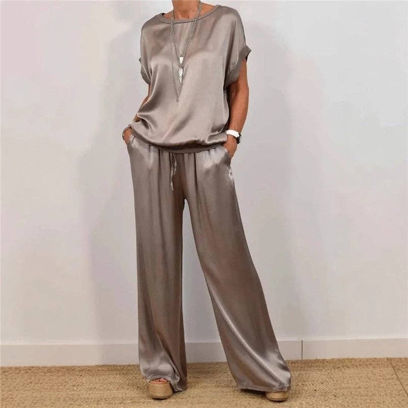 Sheer Trend - Wholesale Top & Pant Set (NOT Loungewear) - Women's - Casual Pure Color Loose Tee Wide Leg Pants Set2