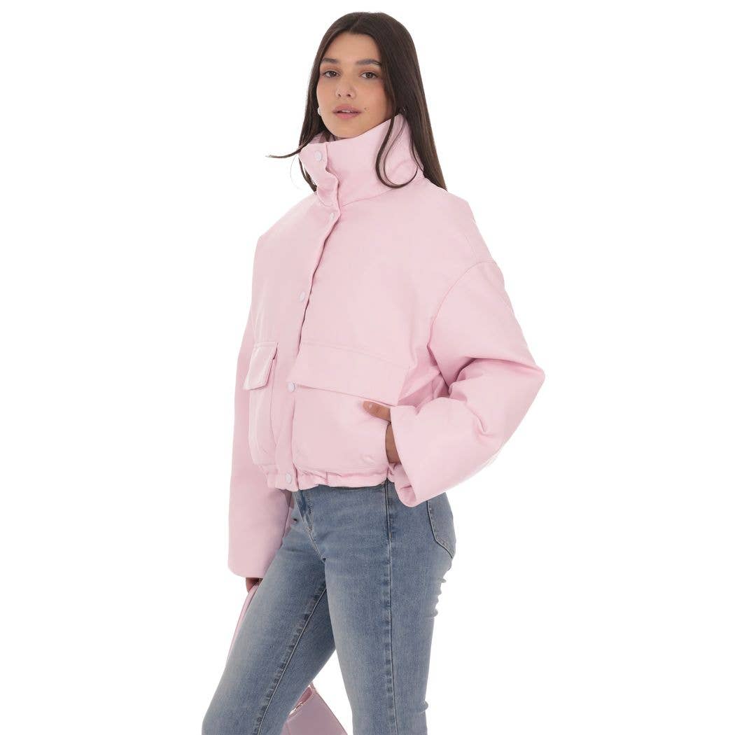 Lucy In The Sky - Wholesale Dress - Women's - High Collar Cropped Puffer Jacket in Pink2