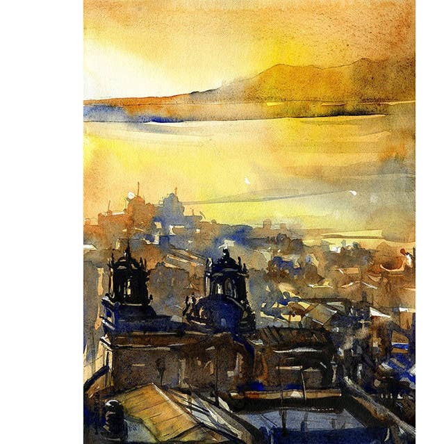 Watercolor painting of Baroque cathedral in Puno, Peru on Lake Titicaca at sunrise. Landscape painting Peru Lake Titicaca art, home decor for wholesale by Ryan Fox Fine Art