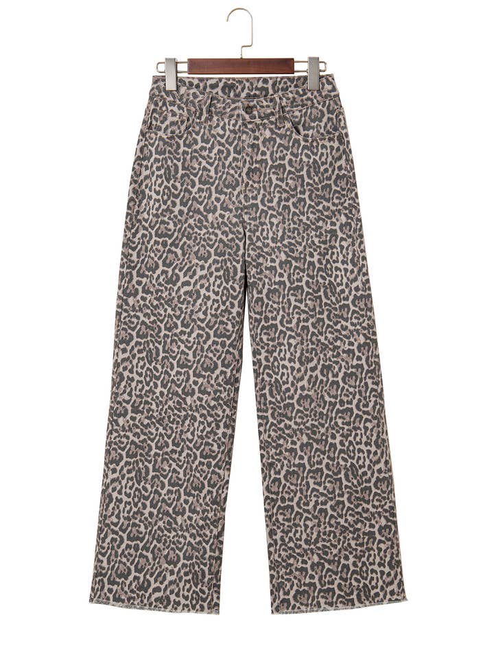 Aapparella - Vente Jean – femme - Jean large taille haute à bords effilochés motif léopard | 4-162